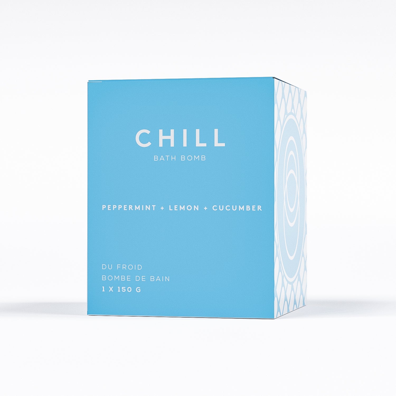 chill peppermint bath bomb in blue square box by bare skin bar