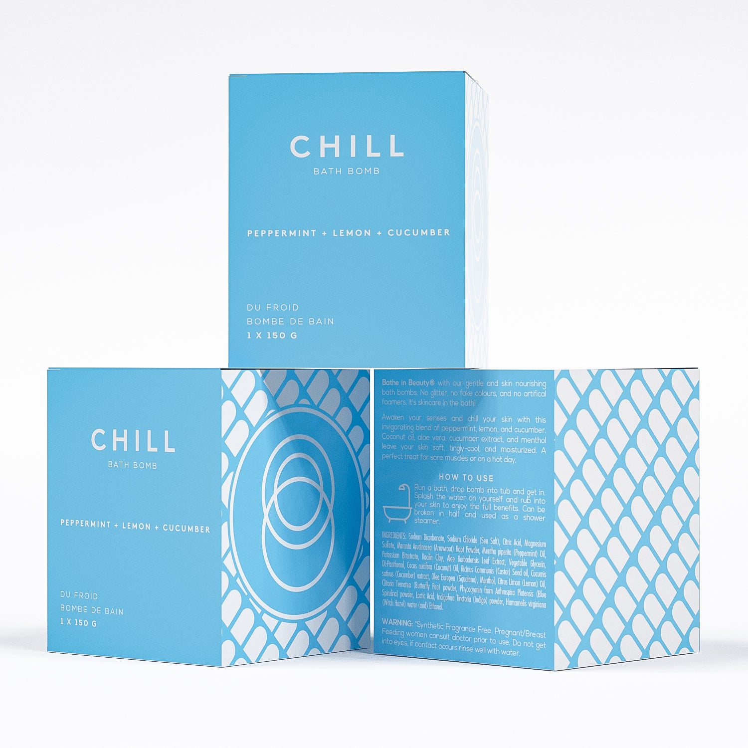 3 pack chill peppermint bath bomb in blue square box by bare skin bar