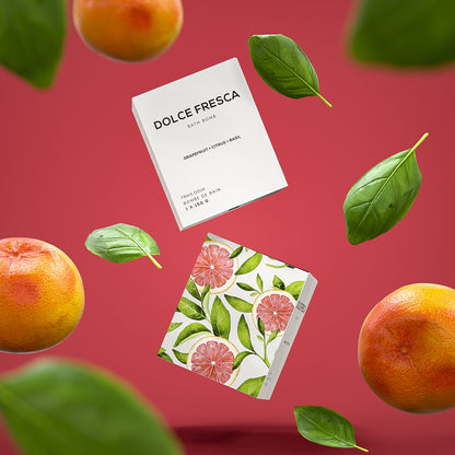 basil and grapefruit bath bomb in square box by bare skin bar