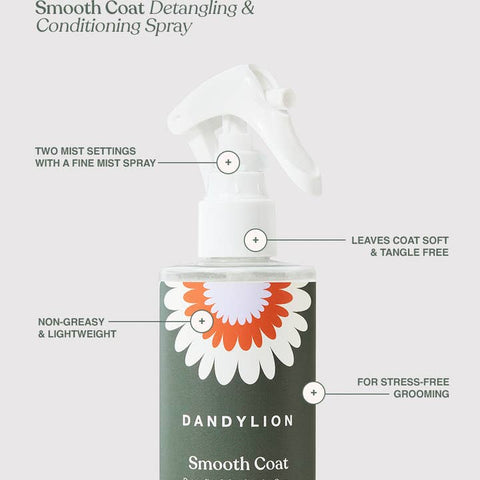Dandylion Smooth Coat detangling and conditioning spray with features highlighted on a white background