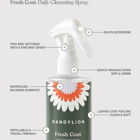 Dandylion Fresh Coat Daily Cleansing Spray bottle with features highlighted on a white background