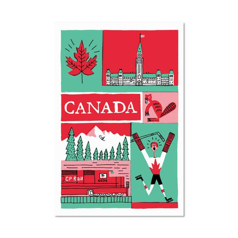 Illustrated poster of Canada with a red maple leaf, Parliament building, and other elements on a white background.
