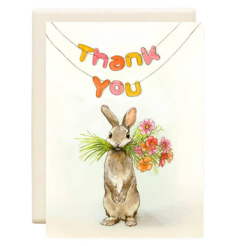 Greeting card with a rabbit holding flowers and 'Thank You' text on a white background