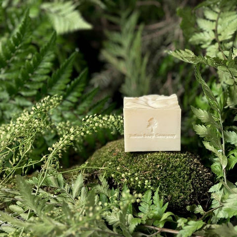 Bar of soap on a rock surrounded by green foliage