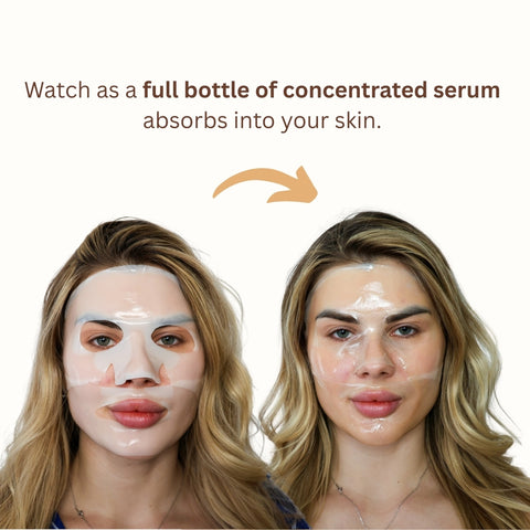 Before and after comparison of a woman's face with concentrated serum application on a white background.