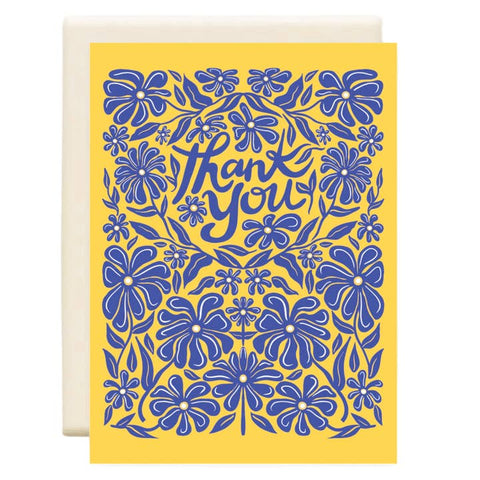 Yellow card with blue floral patterns and 'Thank you' text
