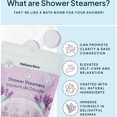 Naturebee Shower Steamers packaging with product and benefits listed on a light blue background