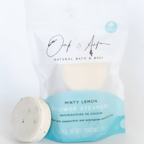 Packaging of Minty Lemon Shower Steamers by Oak & Arrow Natural Bath & Body on a white background.