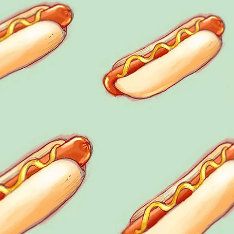 Illustration of four hot dogs with mustard on a light green background