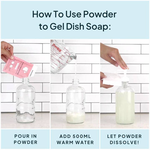 Step-by-step guide on how to use powder to gel dish soap with a Pyrex measuring cup.