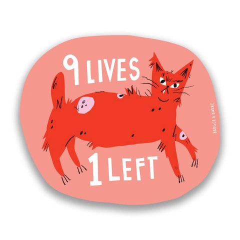 Sticker with a red cat illustration and text '9 lives 1 left' on a pink background