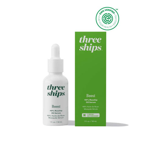 Three Ships skincare serum bottle and packaging on a white background