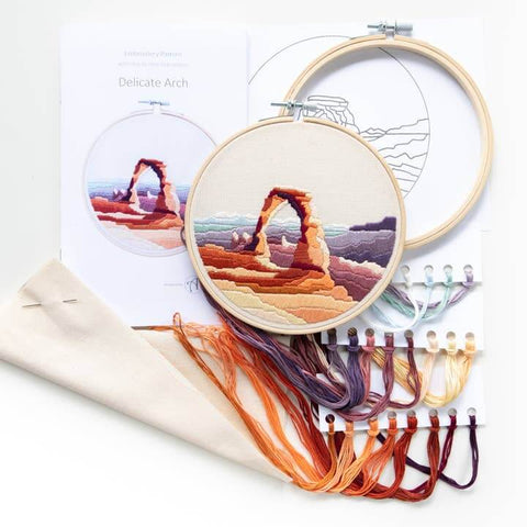 Embroidery hoop with desert landscape design and set of threads on a white background