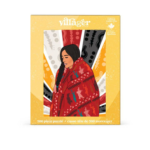 Villager puzzle box with a woman in a red patterned shawl on a yellow background