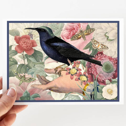 Illustration of a hand with a bird, flowers, and butterflies on a floral background