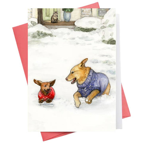 Card with illustration of two dogs in winter clothing on a snowy background