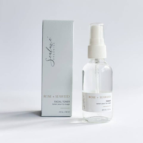 Facial toner bottle and packaging with 'Seabase Organics' branding on a light gray background