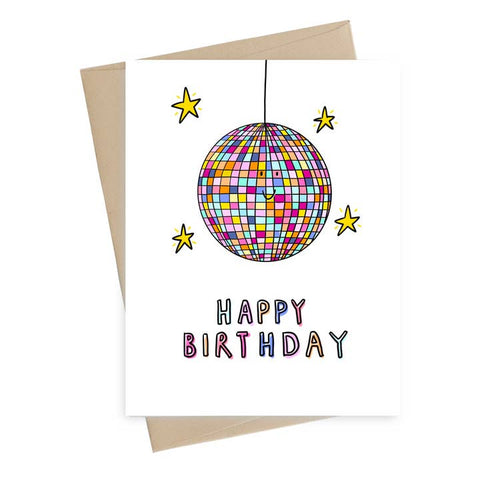 Colorful disco ball birthday card with 'Happy Birthday' text on a white background