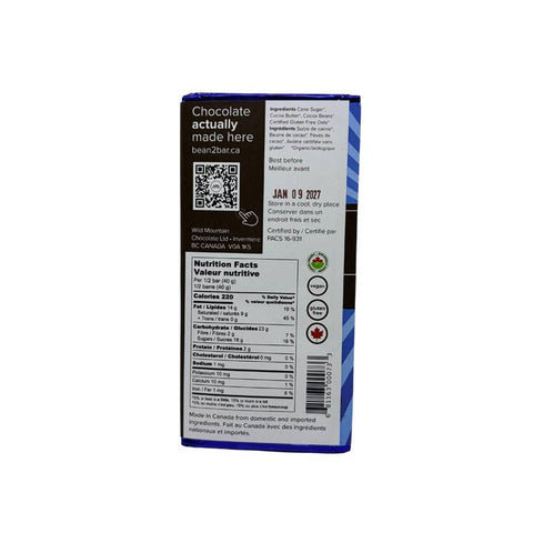 Back view of a chocolate bar packaging with nutritional information and branding on a white background