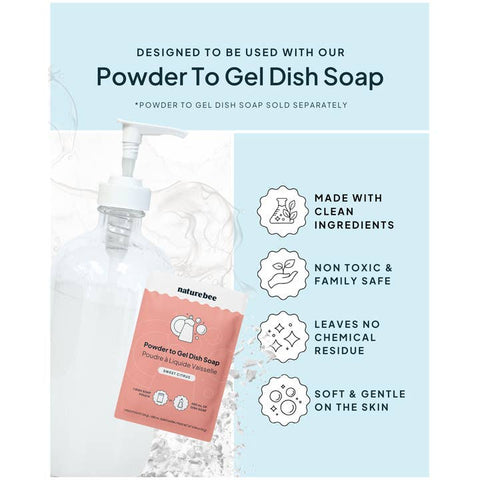 A promotional graphic for Naturebee Powder to Gel Dish Soap. The image shows a clear pump bottle with a pink sachet labeled 'naturebee Powder to Gel Dish Soap' inside, alongside text highlighting product benefits: 'Made with clean ingredients', 'Non toxic & Family Safe', 'Leaves no Chemical Residue', and 'Soft & Gentle on the Skin'.
