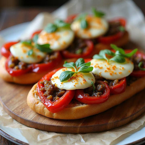 Plated appetizers with tomatoes, cheese, and herbs on a wooden board.