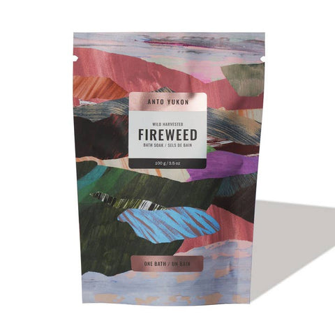 Colorful packaging of Anto Yukon Fireweed bath soaks with abstract design