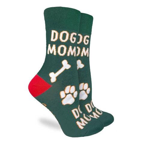 Green socks with 'DOG MOM' text and paw prints on a white background