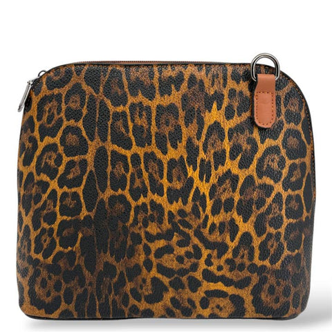 Leopard print bag with a brown strap on a white background