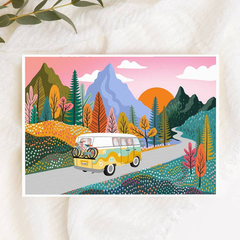 Illustration of a van with bicycles on a mountain road, surrounded by trees and mountains.