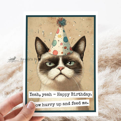 Birthday card with a cat wearing a party hat and humorous text on a fluffy surface.
