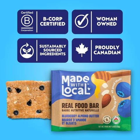 Made with Local real food bar packaging with certification logos on a blue background