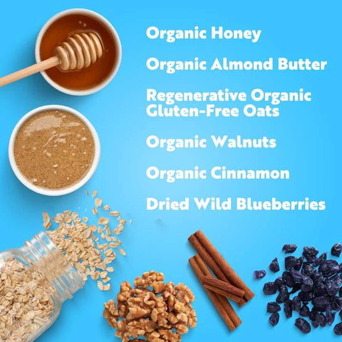 Nuts, honey, and oats on a blue background with text listing ingredients.