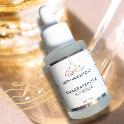 Skincare serum bottle with dropper on a reflective surface