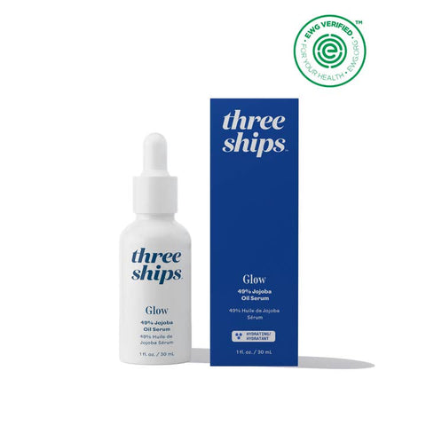 Three Ships Glow serum bottle and packaging on a white background