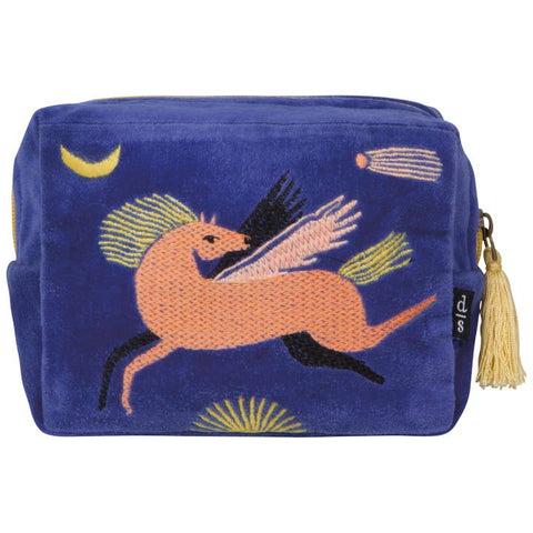 Blue pouch with a winged creature design on a white background