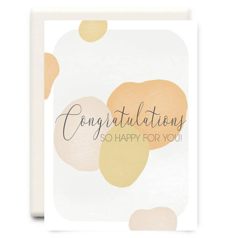 Card with 'Congratulations So Happy For You!' text and gold and beige abstract shapes on a white background