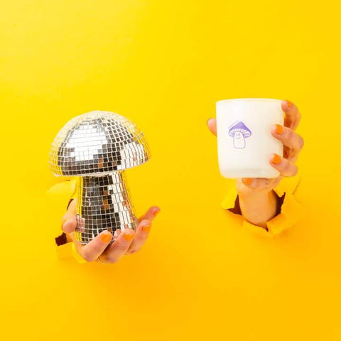 Person holding a disco mushroom and a white milk jar candle with a logo on a yellow background