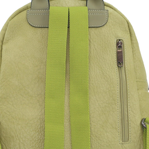 Close-up of a green backpack with a zipper pocket on a white background