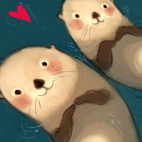 A cute cartoon-style illustration of two otters floating on their backs in blue water, with a small pink heart in the upper left corner.