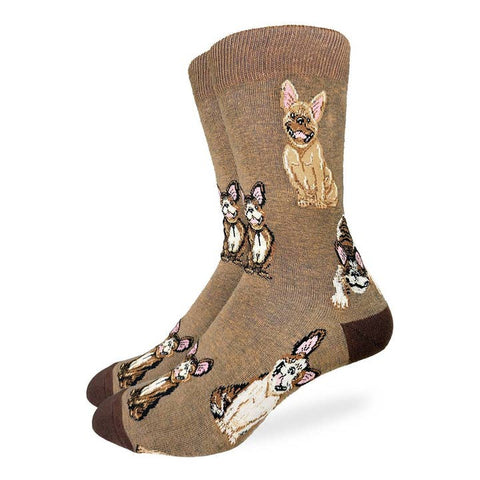 Brown socks with dog illustrations on a white background