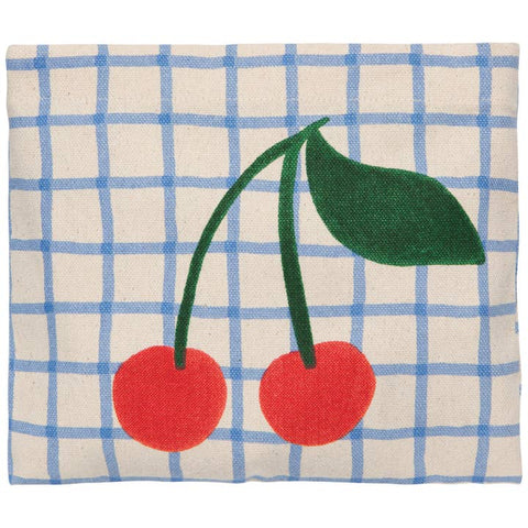 Fabric square with red cherries and green stems on a blue and white checkered background