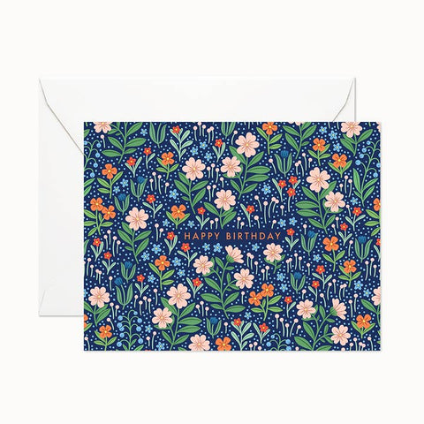 Floral patterned birthday card with 'Happy Birthday' text on a blue background