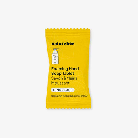 Yellow package of naturebee foaming hand soap tablet on a white background