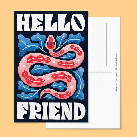 Postcard with a snake design and 'Hello Friend' text on a yellow background