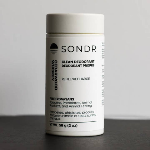 SONDR clean deodorant refill can on a gray background