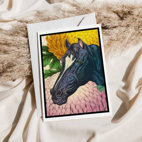 Card with a horse illustration on a textured surface