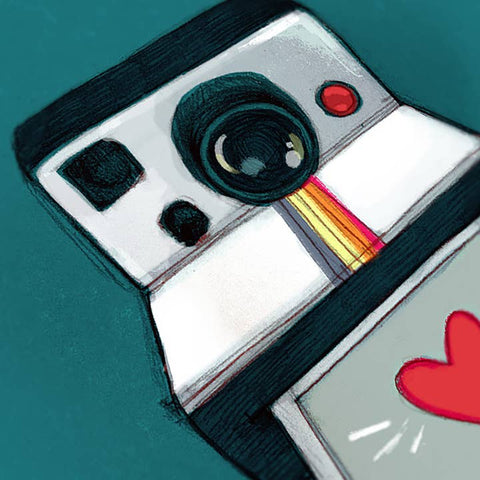 Illustration of a vintage camera with a heart on a teal background