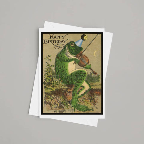Birthday card with a frog playing violin and 'Happy Birthday' text on a gray background