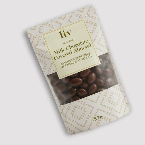 Packaged milk chocolate covered almonds with a decorative label on a light gray background