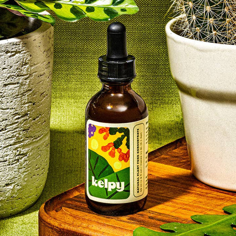 Bottle of Kelpy product with a colorful label on a wooden surface with plants in the background